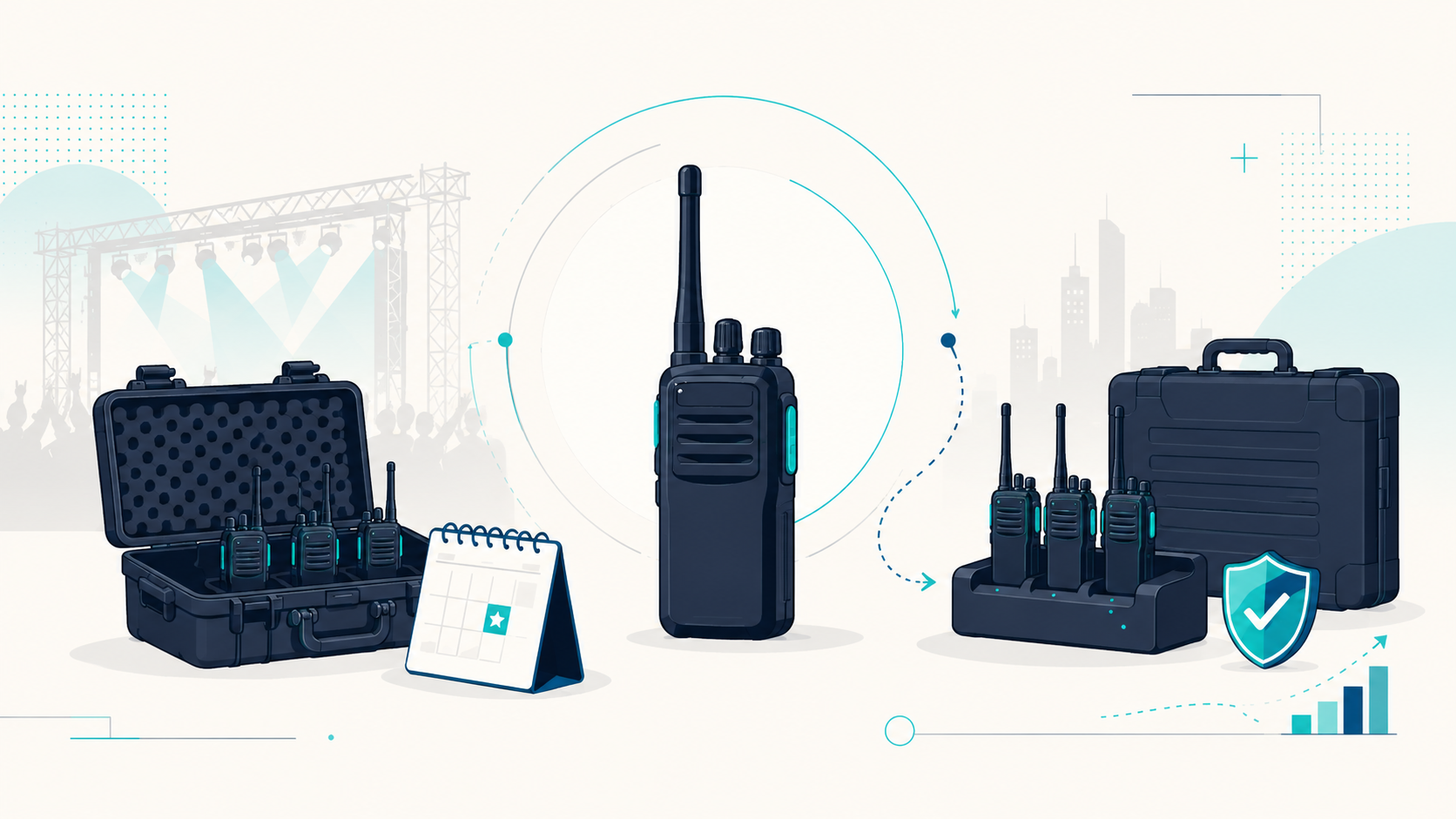Vector illustration comparing rented and owned walkie-talkie equipment for event communication.