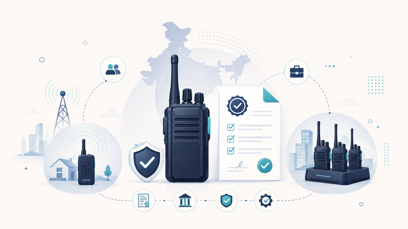 Vector illustration of a walkie-talkie, India map, radio signals and compliance certificate representing WPC licensing rules.