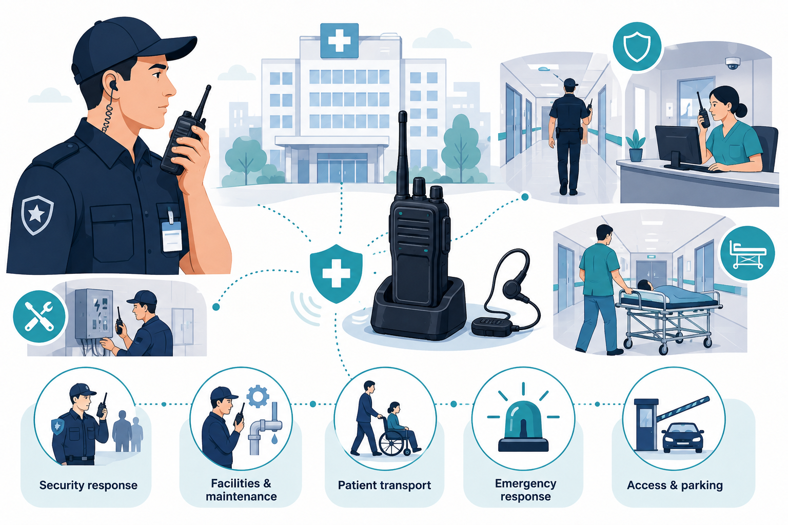 Vector illustration showing hospital security, facilities staff, patient transport and emergency teams communicating through two-way radios.