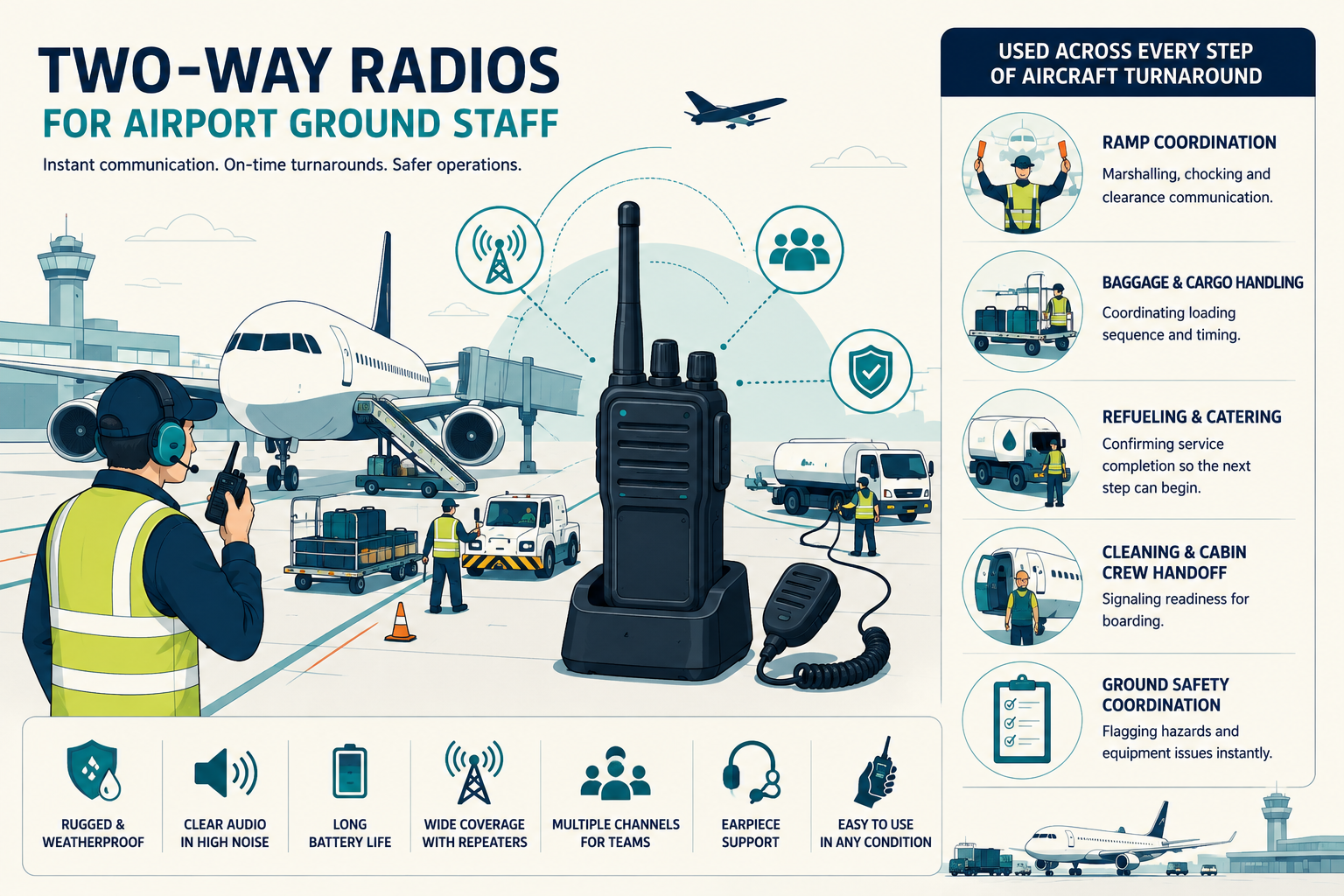 Vector illustration of airport ground staff coordinating baggage, refuelling, ramp and aircraft turnaround operations using two-way radios.