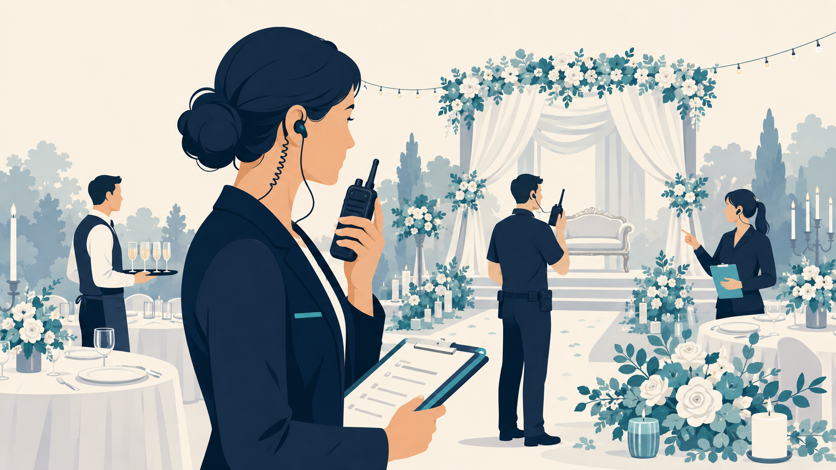 Flat vector illustration of a wedding planner using a discreet earpiece and walkie-talkie while coordinating event staff at an elegant venue.