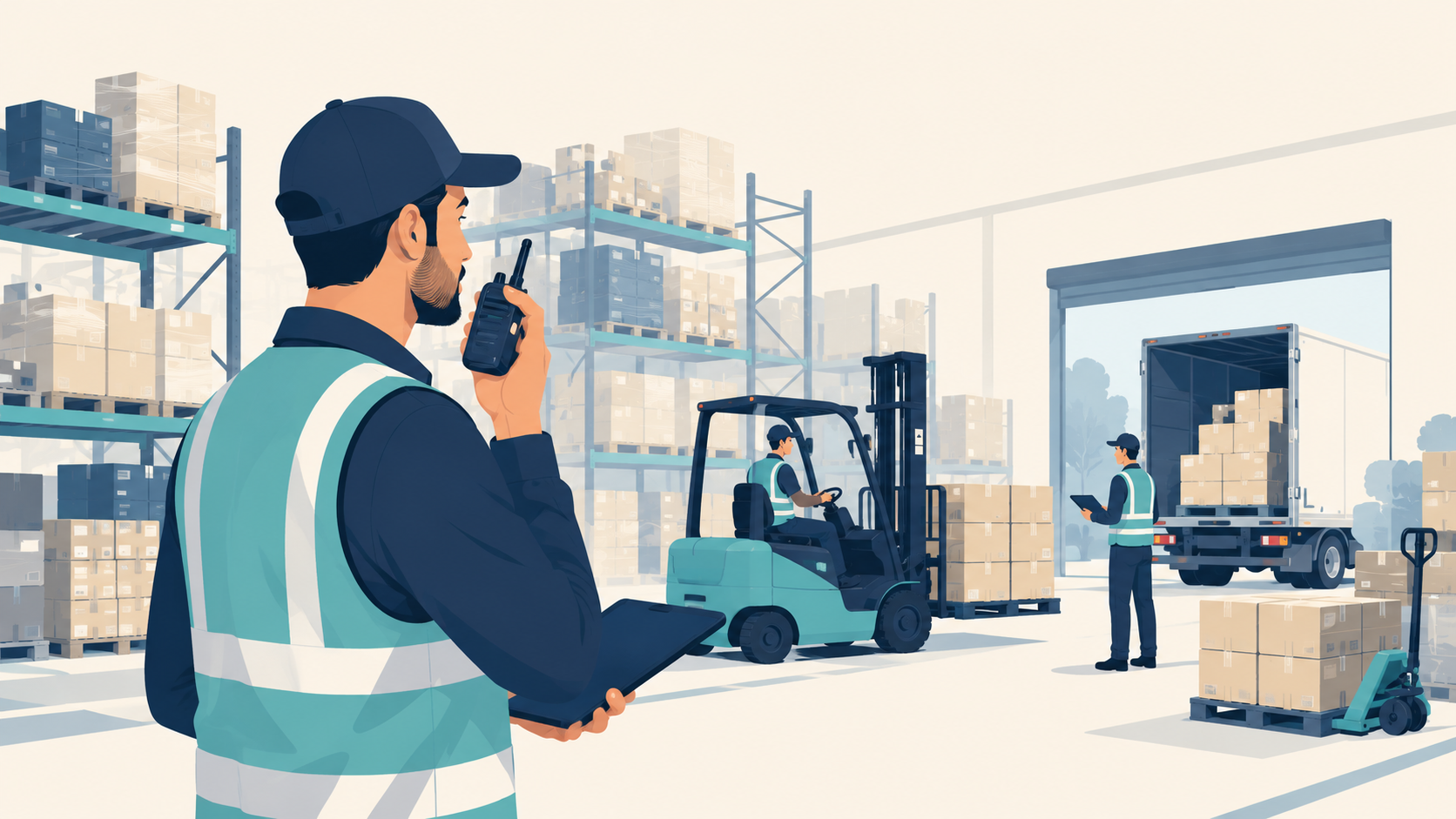 Flat vector illustration of warehouse staff using two-way radios to coordinate forklift movement, loading and dispatch operations.
