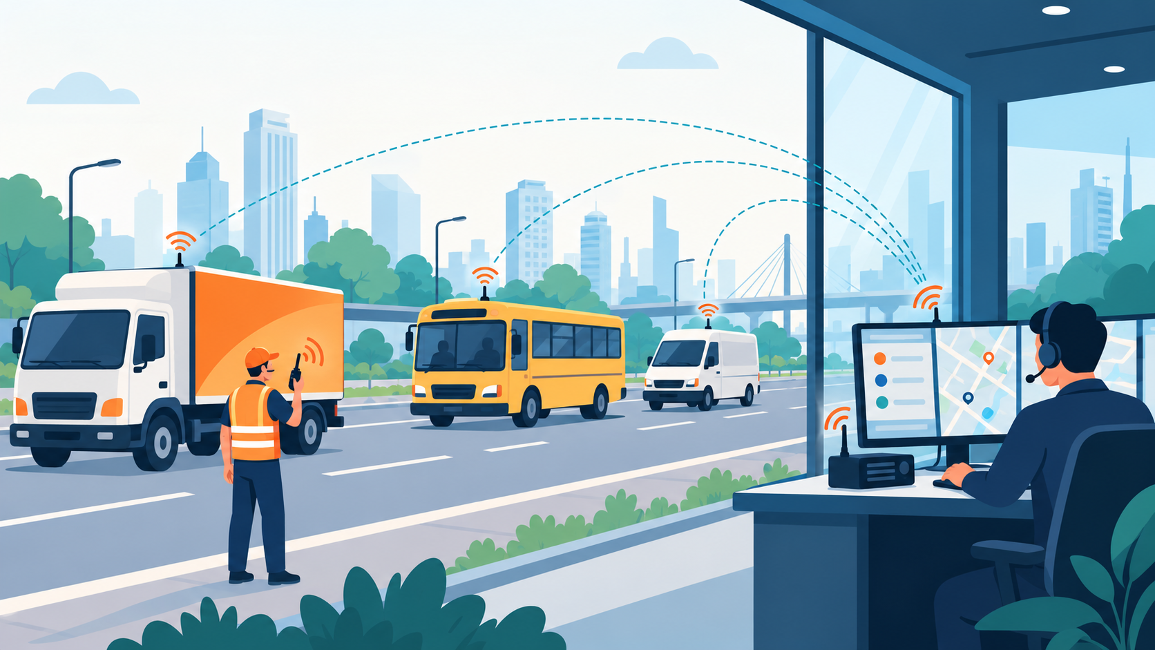 Vehicle-mounted two-way radios connecting a delivery truck, school bus and utility van with a central dispatcher in India