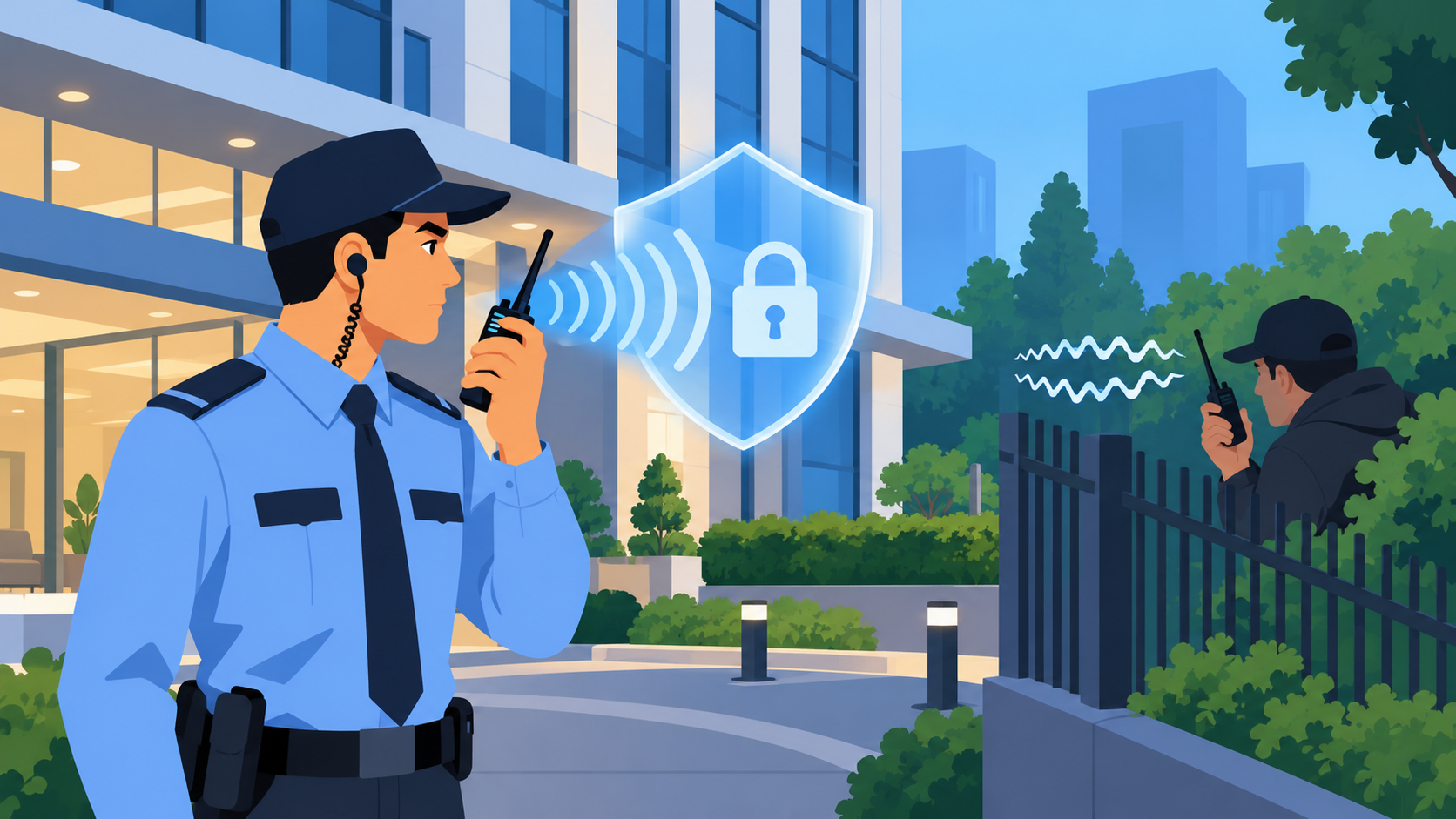 Security guard using an encrypted walkie-talkie with privacy shield while an outsider receives scrambled radio signals