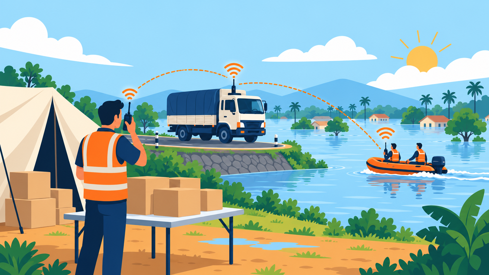 Flood relief volunteers using walkie-talkies to coordinate a rescue boat, supply truck and relief camp in India