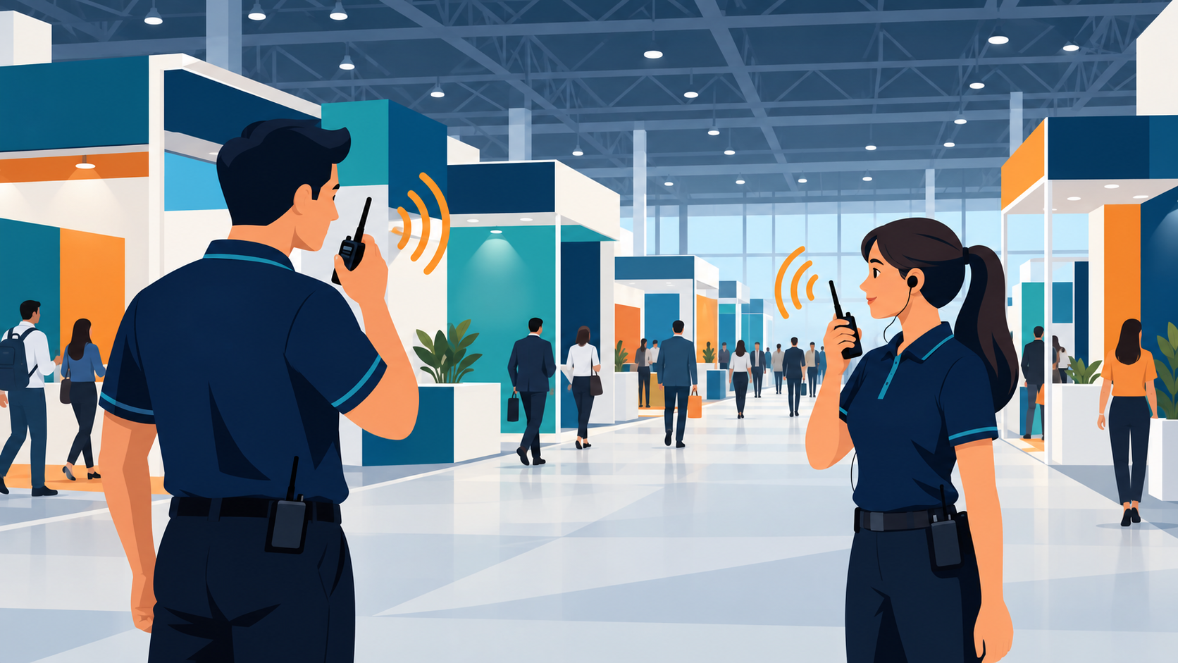 Exhibition staff using walkie-talkies and an earpiece to coordinate operations inside a busy trade fair hall.