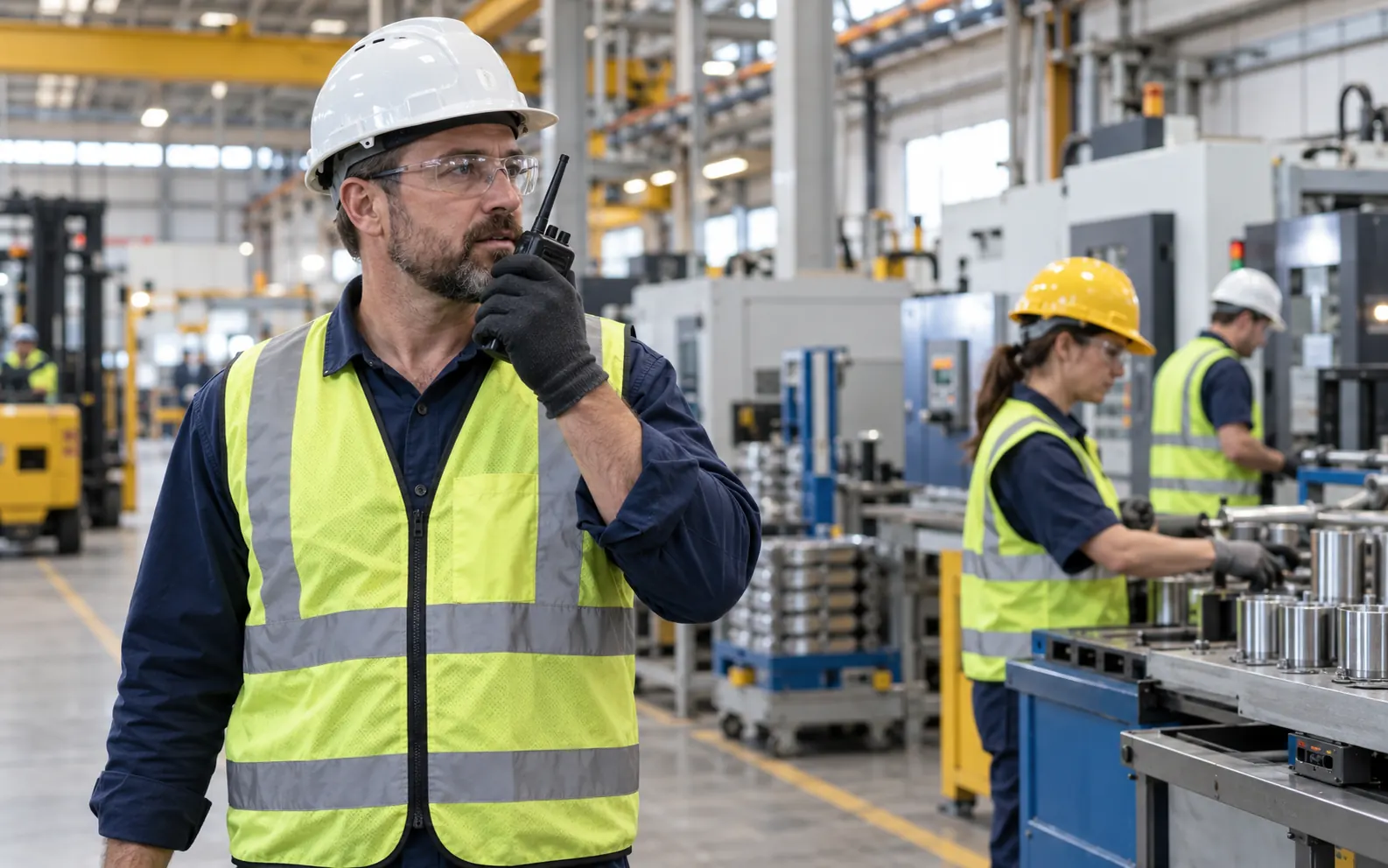 Factory supervisor using a walkie-talkie on an industrial production floor