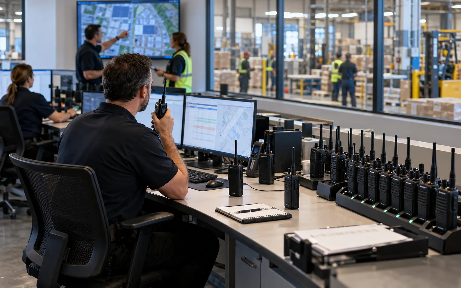 Security guard using a walkie-talkie at a business entry gate